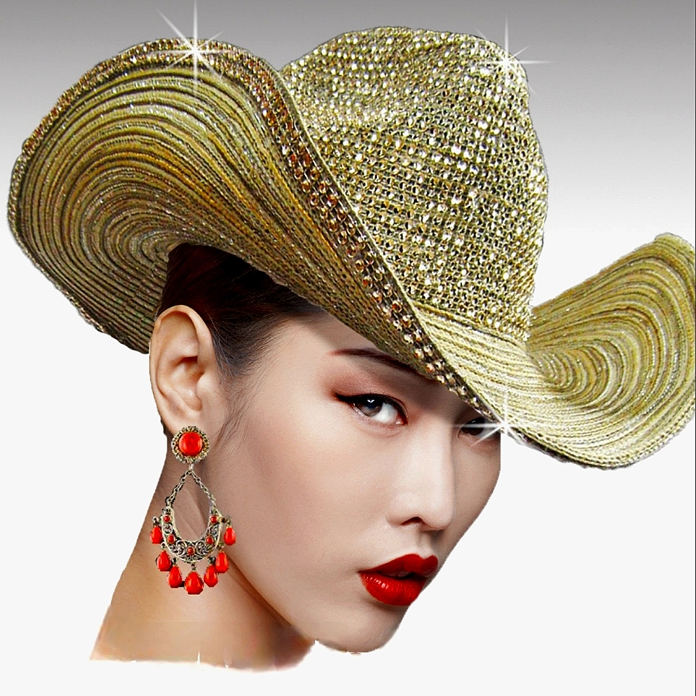 Stunning Gold Jeweled Couture Cowboy Cowgirl Western Pave Hat